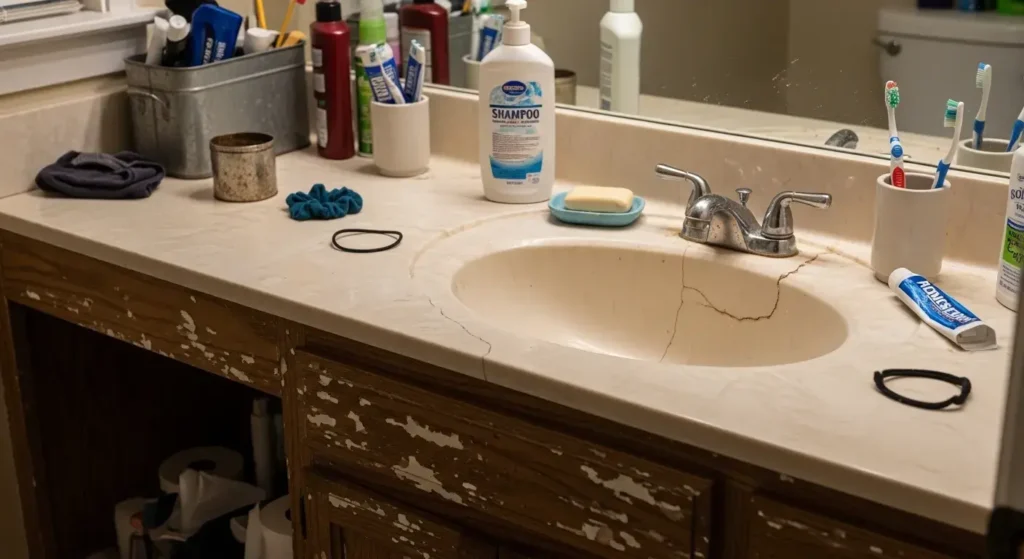 Worn Cabinets, Damaged Tops, and Poor Bathroom Storage